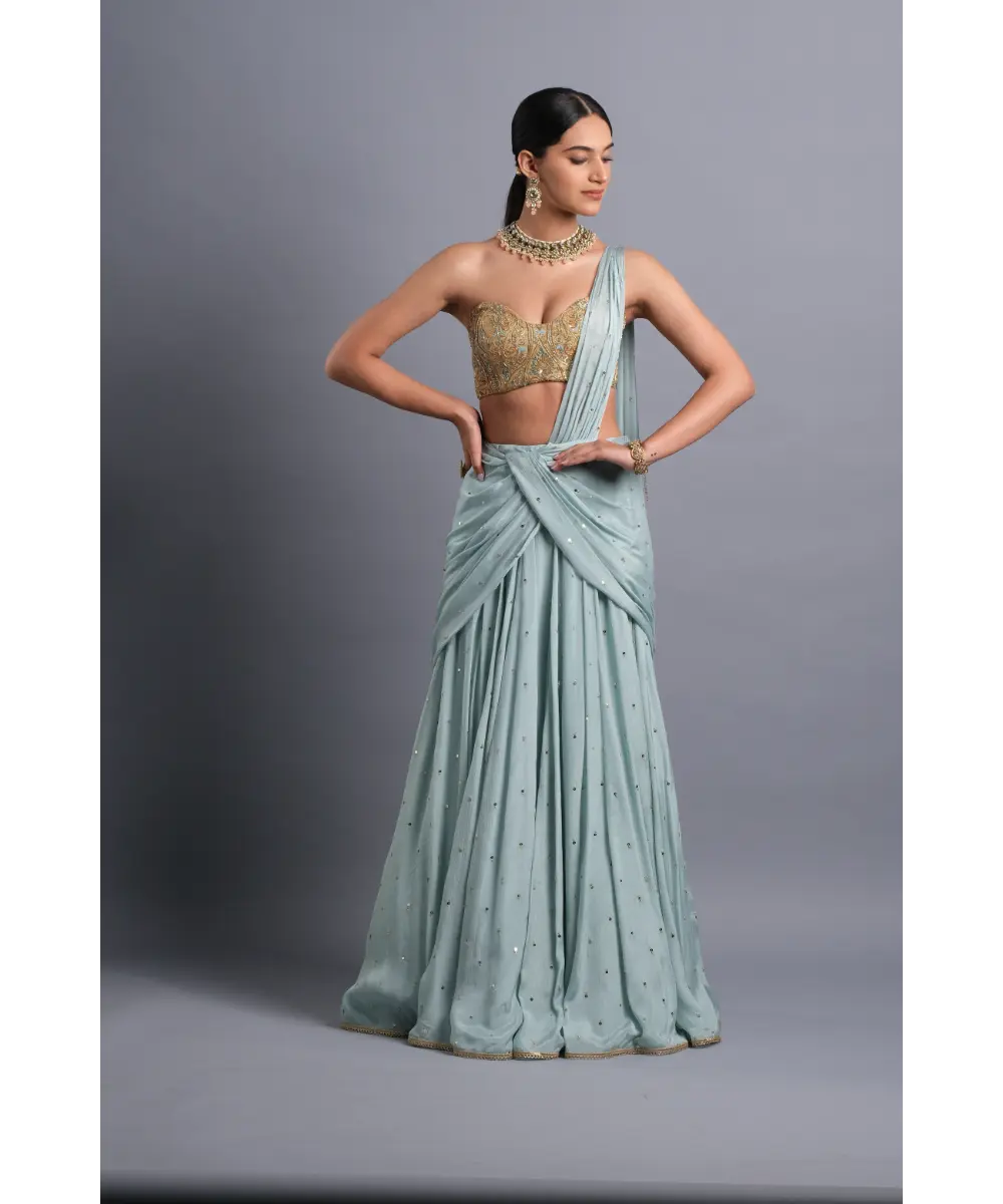 AASTHA SOOD - Sky blue Chiffon flared Lehenga Saree